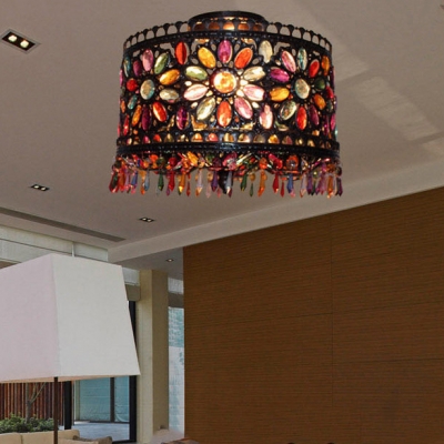 Drum Living Room Semi Flush Light with Colorful Crystal Beads 3 Lights Vintage Ceiling Light