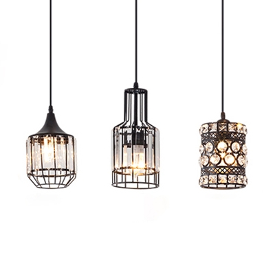 Kitchen Pendant Lights Crystal with Hanging Cord, Adjustable Drum Ceiling Lights in Black Modern with Clear Crystal