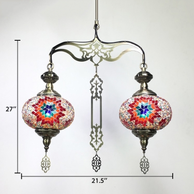 Lantern Living Room Chandelier Mosaic 2 Lights Moroccan Pendant Lamp in Blue/Red