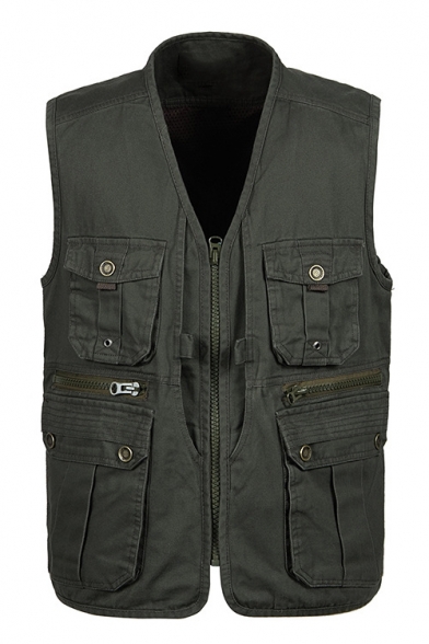 Men's New Stylish V-Neck Zip Up Sleeveless Multi-Pocket Outdoor Jacket Vest