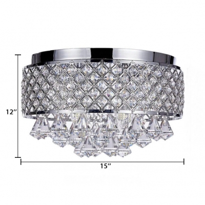 Modern Style Drum Ceiling Lighting 3/4 Lights Clear Crystal Flush Mount Light Fixture in Chrome