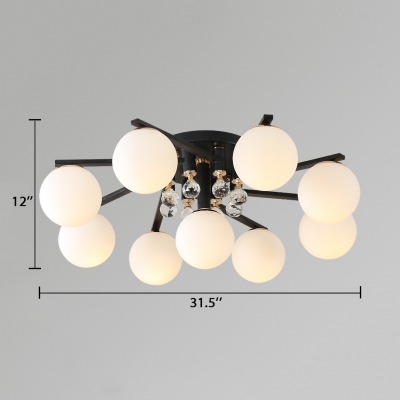 White Globe Ceiling Lamp Contemporary Acrylic Semi-Flush Light with Clear Crystal Decoration