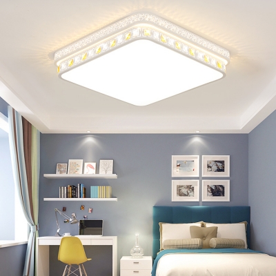 White Square LED Flush Mount Light Acrylic Modern Ceiling Lamp with Clear Crystal Decoration for Living Room