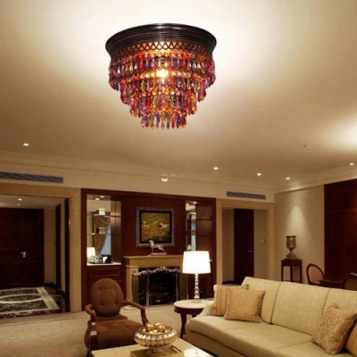 1 Light Drum Chandelier Vintage Metal and Colorful Crystal Pendant Light for Living Room