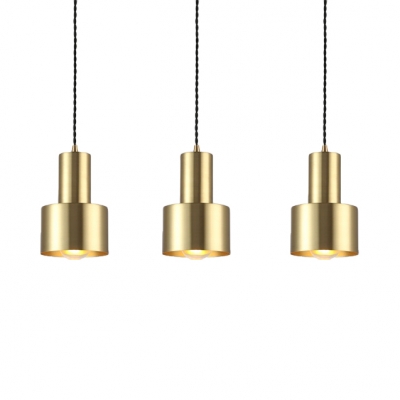 3 Lights Cylinder Pendant Light with Linear Canopy Vintage Metal Hanging Light Fixture in Brass