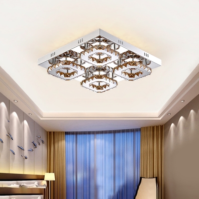 4 Square Semi Flushmount with Amber Crystal Decoration Modern Chic Stainless LED Ceiling Fixture