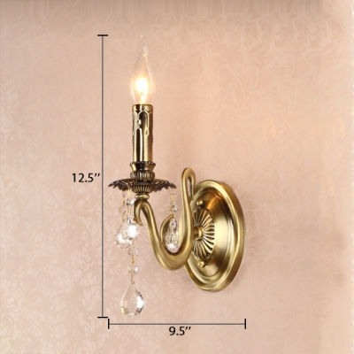 Aged Brass Candle Wall Light with Clear Crystal 1-Light Antique Style Sconce Light for Bedside
