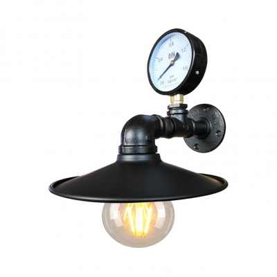 Antique Black/Rust Sconce with Saucer Shade and Pressure Gauge Single Light Metal Wall Light