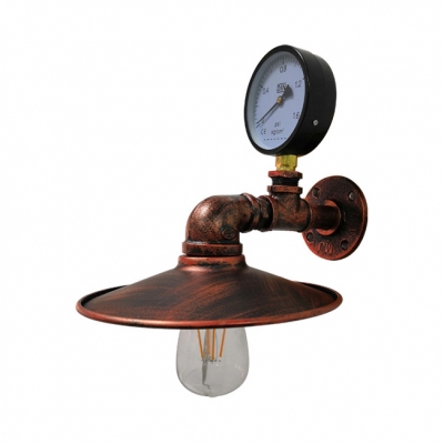 Antique Black/Rust Sconce with Saucer Shade and Pressure Gauge Single Light Metal Wall Light