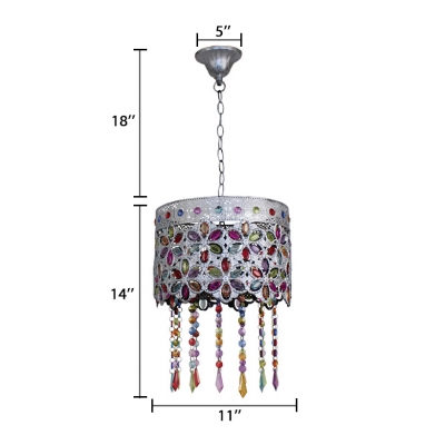 Antique Drum Hanging Lamp with Multi Color Crystal Single Light Metal Pendant Light in Copper/Grey