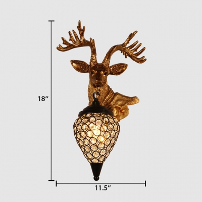 Antique Gold Sconce with Deer Decoration 1 Light Clear Crystal Wall Light for Dining Room