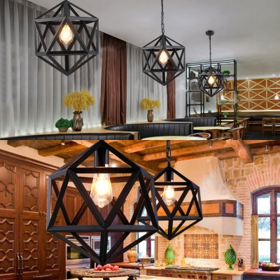 Black Hexagon LED Hanging Lamp Vintage Metal Pendant Lighting with 31.5