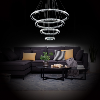 Chrome 4-Tier Rings Chandelier with Adjustable Cord Modern Clear Crystal Hanging Lights for Living Room