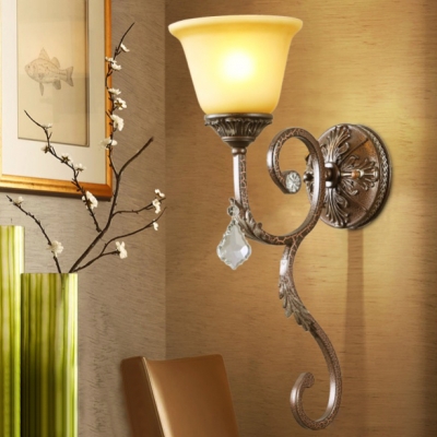 Classic Beige Wall Light with Bowl and Clear Crystal 1 Light Metal Sconce Light