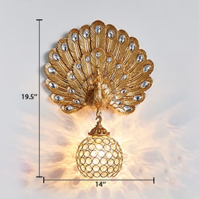 Clear Crystal Orb Wall Light with Peacock Decoration 1 Light Rustic Sconce Light in Gold
