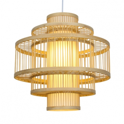 Drum Single Pendant Light for Coffee Shop Multi Tiers Bamboo Drop Light with 39