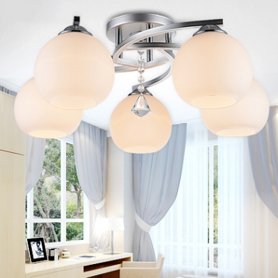 Modern Style White Glass Semi Flush Light with Globe Shade 3/5 Lights Ceiling Lighting with Clear Crystal