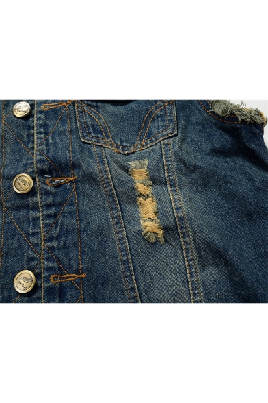 New Trendy Destroyed Frayed Hem Ripped Button Closure Sleeveless Blue Denim Vest Jacket