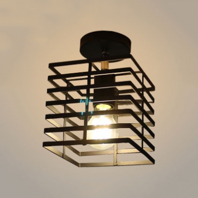 Rectangle Semi Flush Light with Cage Single Bulb Industrial Ceiling Flush Mount in Black