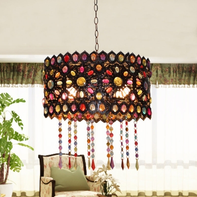Vintage Bronze Pendant Lighting with Drum Shape Single Light Metal Hanging Lamp with Colorful Crystal
