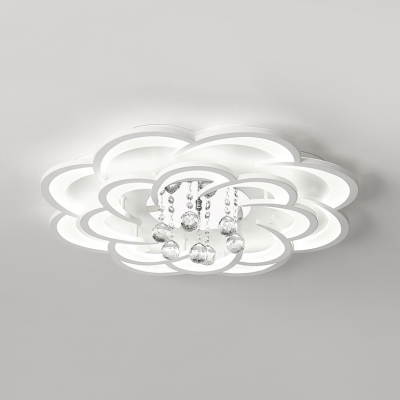 White Flower Flush Ceiling Light with Clear Crystal Modern Acrylic LED Ceiling Fixture for Dining Room