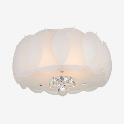 White Glass Drum Flush Mount 3/4/5 Lights Modern Style Ceiling Light Fixture with Clear Crystal for Living Room