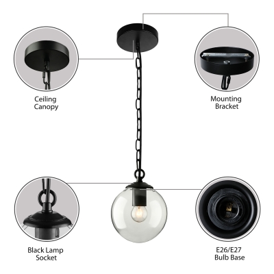 1 Light Globe Pendant Light Modernism Industrial Clear Glass Indoor Lighting Fixture in Black