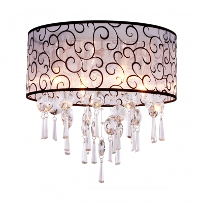 4 Lights Drum Flush Mount Light Fixture with Clear Crystal Contemporary Style Fabric Ceiling Lighting, H19.5