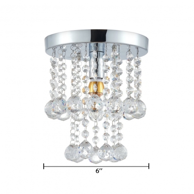 Nickel Round Canopy Flush Mount 1 Light Contemporary Clear Crystal Chandelier for Bedroom