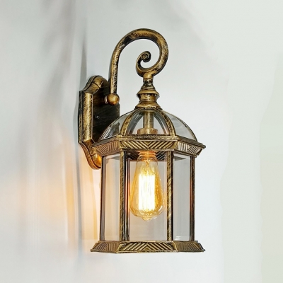 Clear Glass Lantern Wall Light Vintage Waterproof Sconce Light in Black/Gold for Pathway Garden
