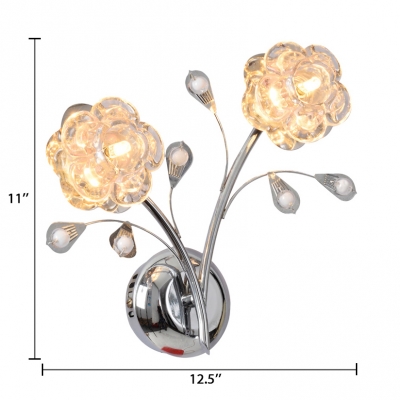 Bedroom Floral Sconce Lighting Glass Contemporary Chrome Wall Mounted Light with Clear Crystal