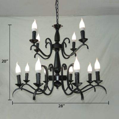 Candle Dining Room Chandelier Light Metal 3/5/6/8/12 Lights Vintage Pendant Lamp in Black