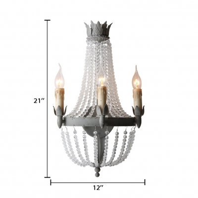 Candle Porch Sconce Light with Clear Crystal 3 Lights Antique Style Wall Mounted Lighting in Grey, H21.5
