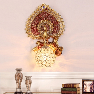 Clear Crystal Orb Wall Light with Peacock Decoration 1 Light Rustic Sconce Light in Gold