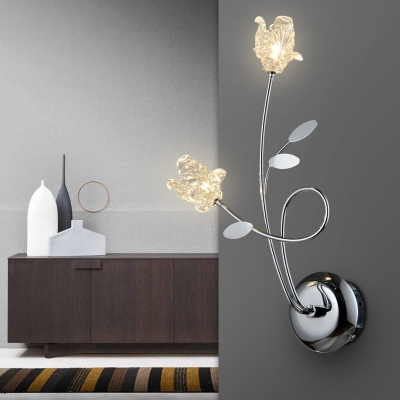 Contemporary Floral Wall Mount Light with Clear Crystal 2 Lights Glass Sconce Lighting in Chrome