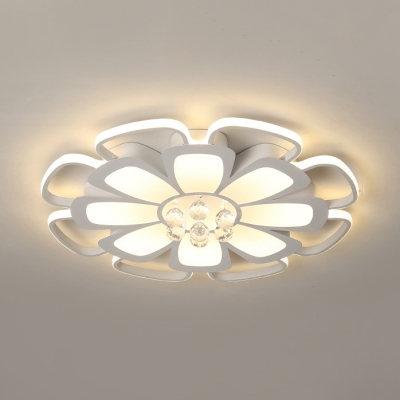 Contemporary Petal Flush Ceiling Light Acrylic White LED Ceiling Fixture with Clear Crystal for Living Room