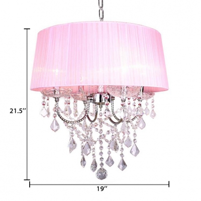 Drum Shape Chandelier with Clear Crystal 4 Lights Modern Fabric Pendant Lighting Fixture for Bedroom