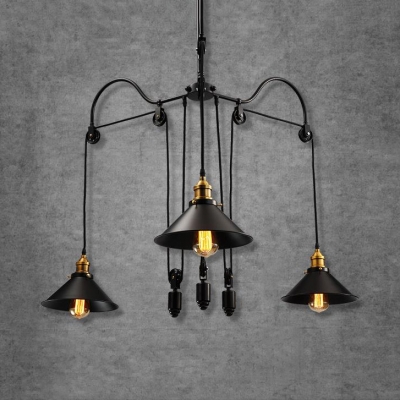 Industrial Cone Chandelier Metal 3 Lights Black Hanging Pendant with Adjustable Cord for Living Room