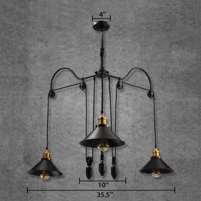 Industrial Cone Chandelier Metal 3 Lights Black Hanging Pendant with Adjustable Cord for Living Room