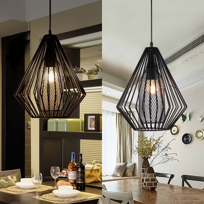 Industrial Diamond Pendant Lamp Single Light Height Adjustable Metal Hanging Ceiling Light in Black
