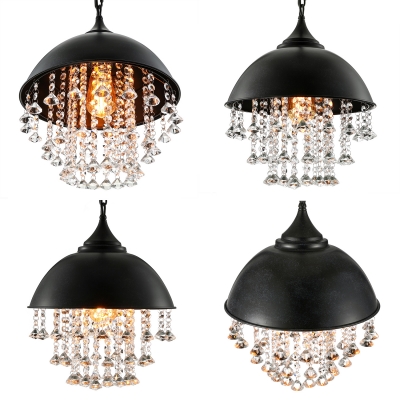 Industrial Retro Large Pendant Light with Hanging Crystal in Black Dome Shade for Restaurant Cafe Bedroom