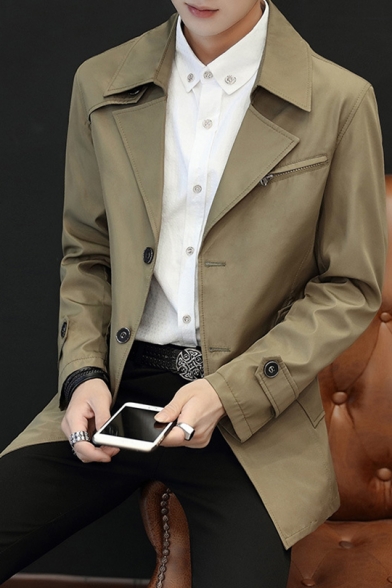 Mens Trendy Notched Lapel Collar Button Closure Breathable Simple Plain Trench Coat