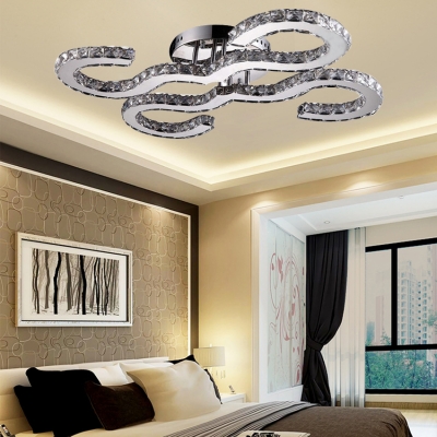 Modern Chrome Semi Flush Mount Light with Wave and Clear Crystal Bead Metal LED Ceiling Light