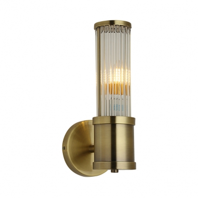 Modern Cylinder Wall Light Single Light Metal and Clear Crystal Sconce Light in Brass