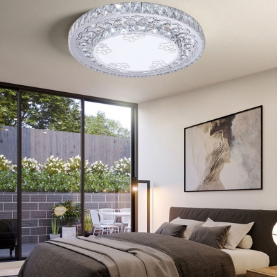 Modern Drum Flush Mount Light Clear Crystal LED Ceiling Fixture in Chrome for Living Room
