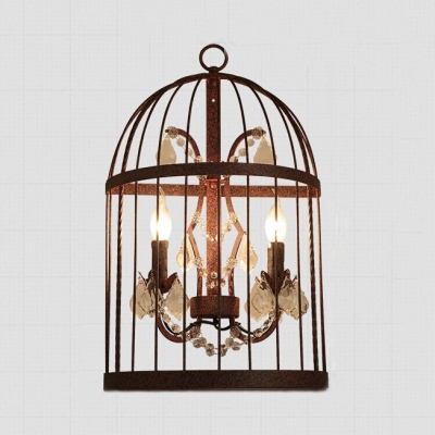 Restaurant Candle Sconce Light with Clear Crystal and Bird Cage Vintage Style Black/Rust Wall Lighting Fixture