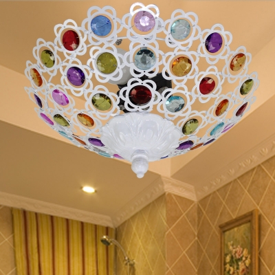 White Bowl Ceiling Light 1 Light Vintage Colorful Crystal Semi Flush Mount Light for Living Room