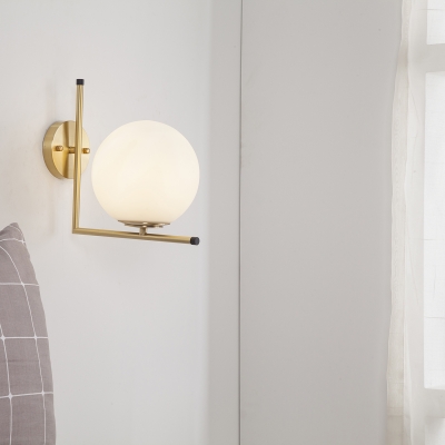 White Glass Globe Wall Light 1-Light Nordic Style Wall Mount Light in Brass for Living Room