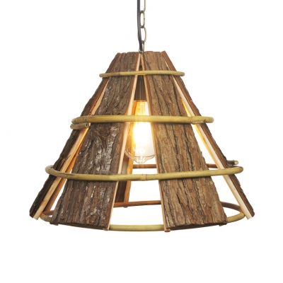 Wood Cone Shade Hanging Lamp Rustic Style 1 Light Ceiling Pendant Lamp in Brown, 16.5 Inch Wide