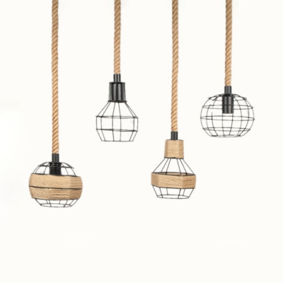 Rustic Globe/Dome Pendant Lamp Single Light Metal and Rope Hanging Light in Black